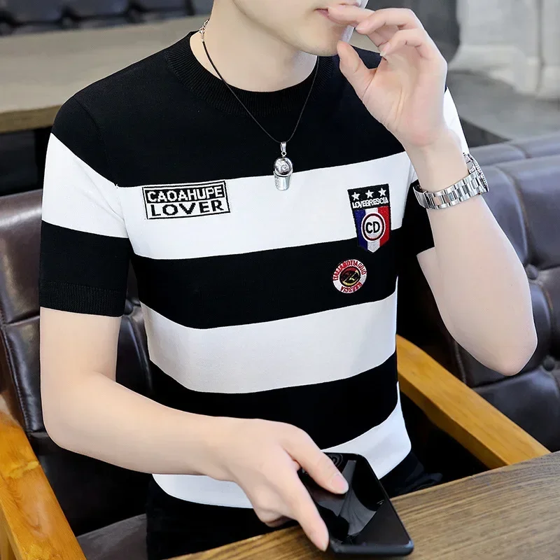 

Men Clothing 2025 Ice Silk Knitted Short Sleeve T-shirt Men's Summer Trend Brand Striped Half Sleeve T-shirt Youth Casual Top