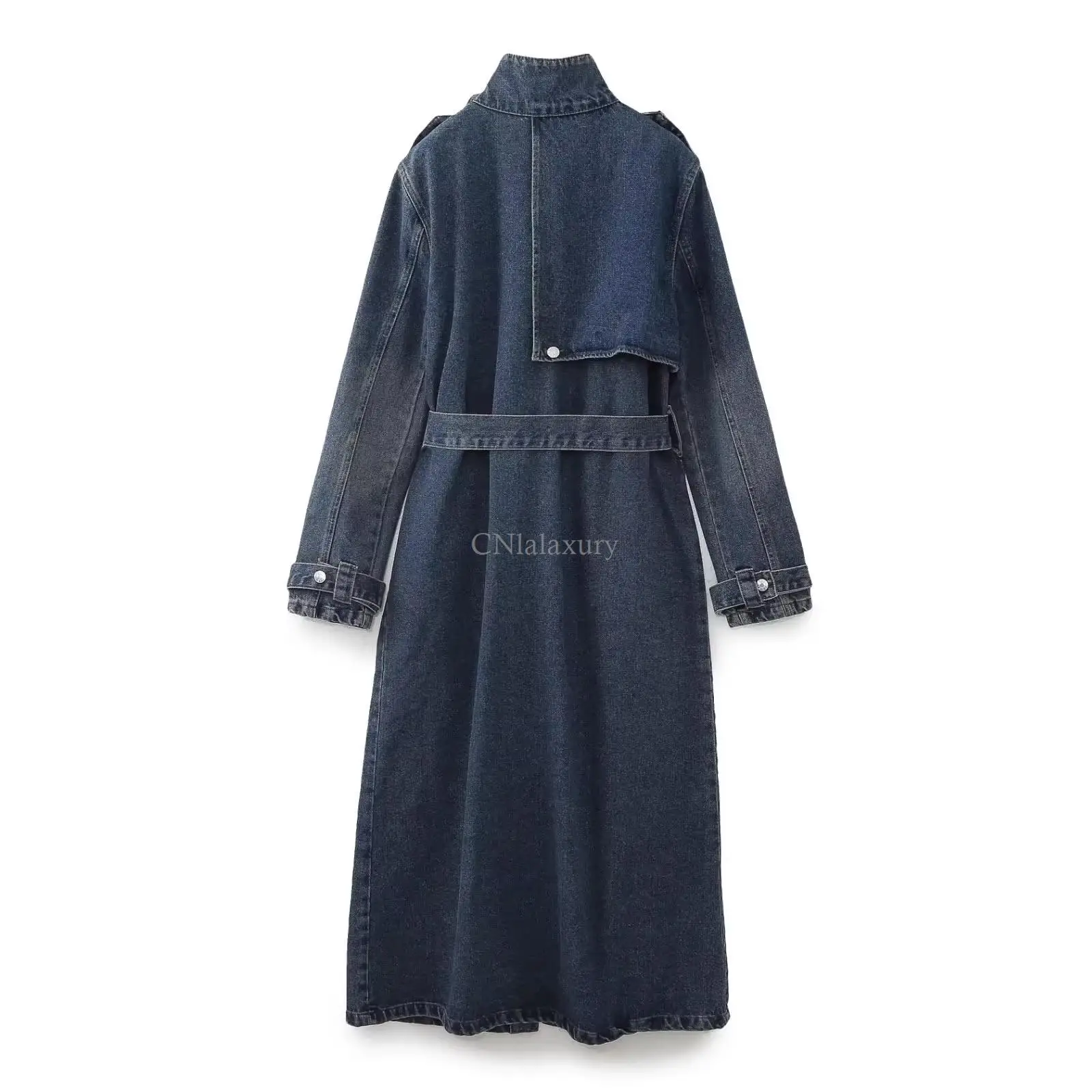 CNlalaxury 2023 Autumn Winter Women New Solid Color Fashion Simplicity Lace Up Denim Wind Coat Long Loose Stand Collar Trench