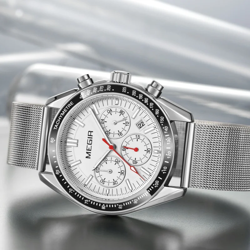 MEGIR 8105 Men's Fashion Quartz Watch Multifunctional Chronograph Calendar Stainless Steel Strap Sport Luminous Business Watches