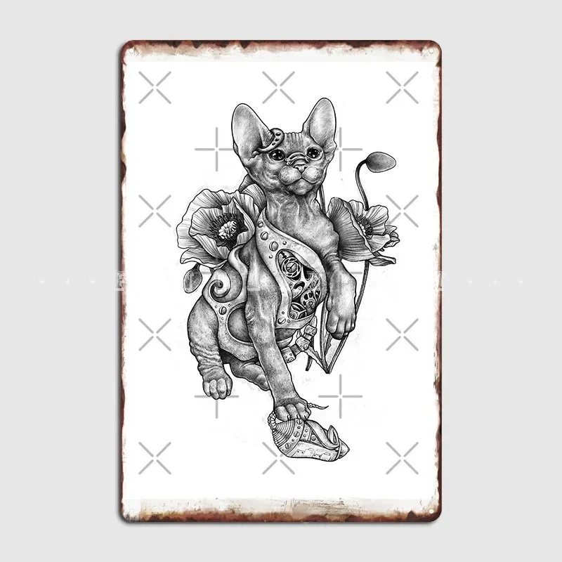 Rishama Steampunk Tattoo Cat Kitten Biomechanics Mechanics Vintage Metal Sign Living Room Personalized Poster Tin Sign Poster
