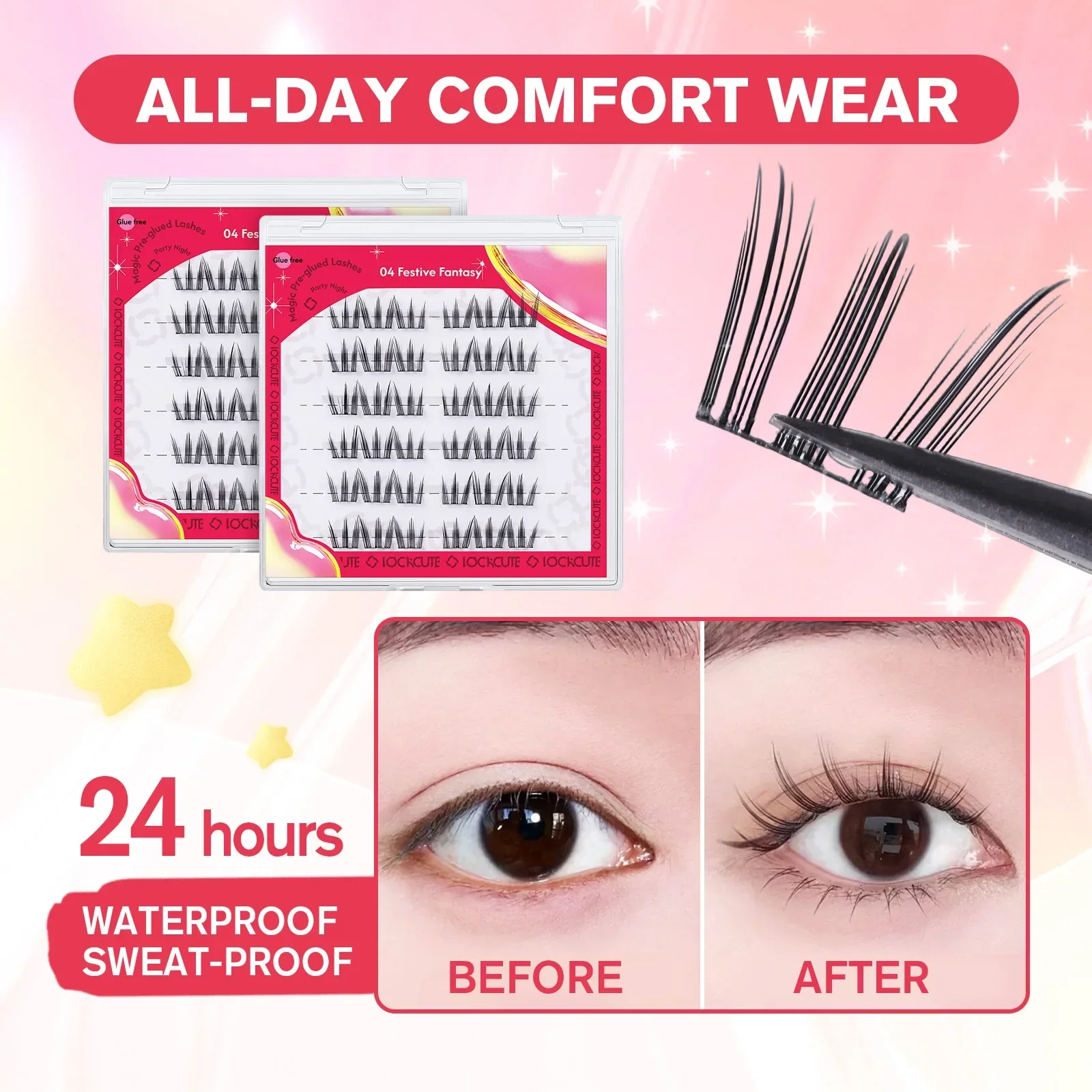 Pre-glued False Eyelashes Tweezers Set Self-Adhesive Lash Cluster Party Daily Voluminous Eyelashes Reusable for Doll Comic Style