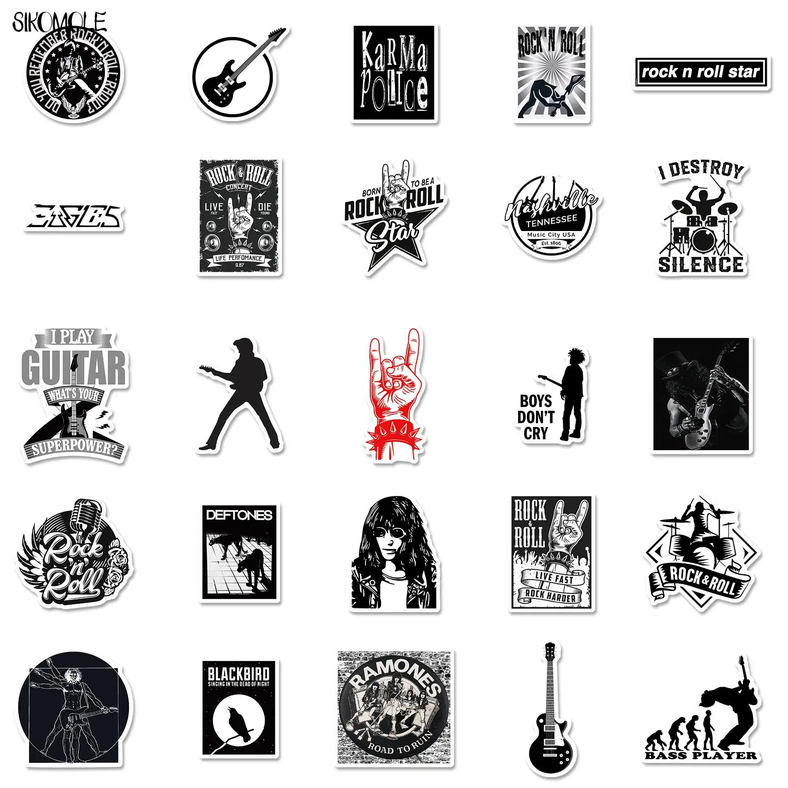 10/30/50PCS Black And White Rock Band Stickers For DIY Toy Car Skateboard Motorcycle Laptop Snowboard Decal Graffiti Sticker F5