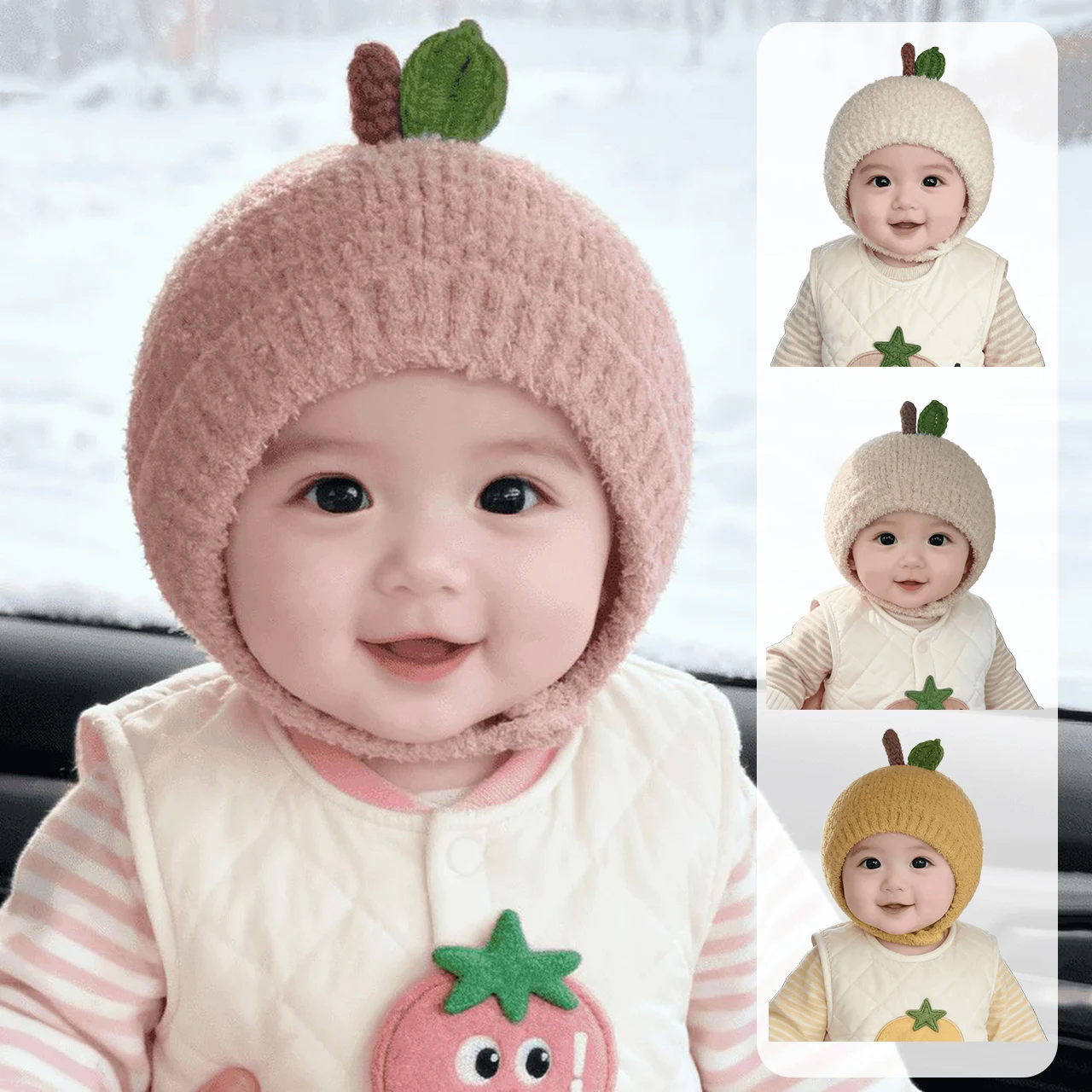 Cute Red Apple Hat for Baby Ear Protection Cap Winter Warm Toddler Pullover Cap 1-3Year Boys Girls Coral Fleece Beanie Bonnet image 4