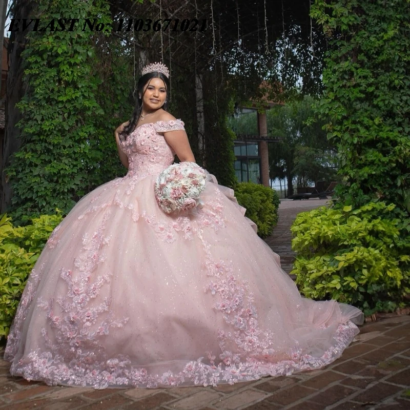 EVLAST Customized Pink Quinceanera Dress Ball Gown 3D Floral Lace Applique Beaded With Ruffles Sweet 16 Vestidos De Anos SQ347