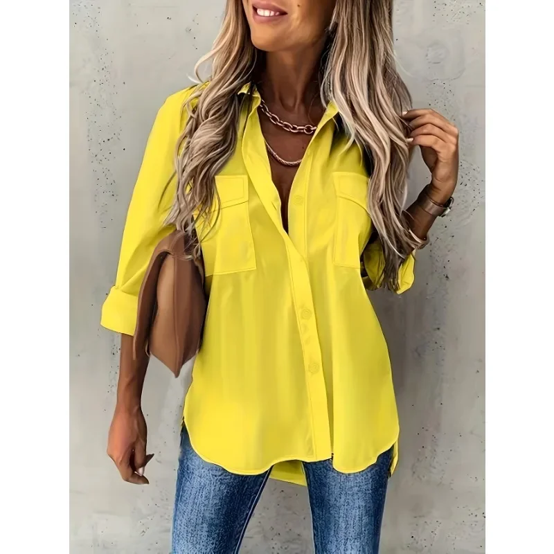 حجم كبير 1XL-5XL المرأة موضة التلبيب بلون قميص المرأة عادية جيب الديكور قميص بسيط قميص فضفاض بأكمام طويلة #1