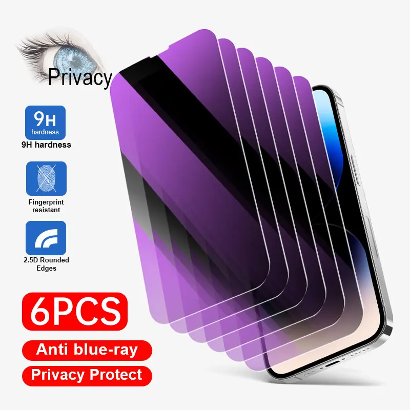 6pcs screen protector for iPhone 11 12 13 Mini 15 Plus 14 Pro X XR XS Max Anti-blue Light Privacy tempered glass on the glass
