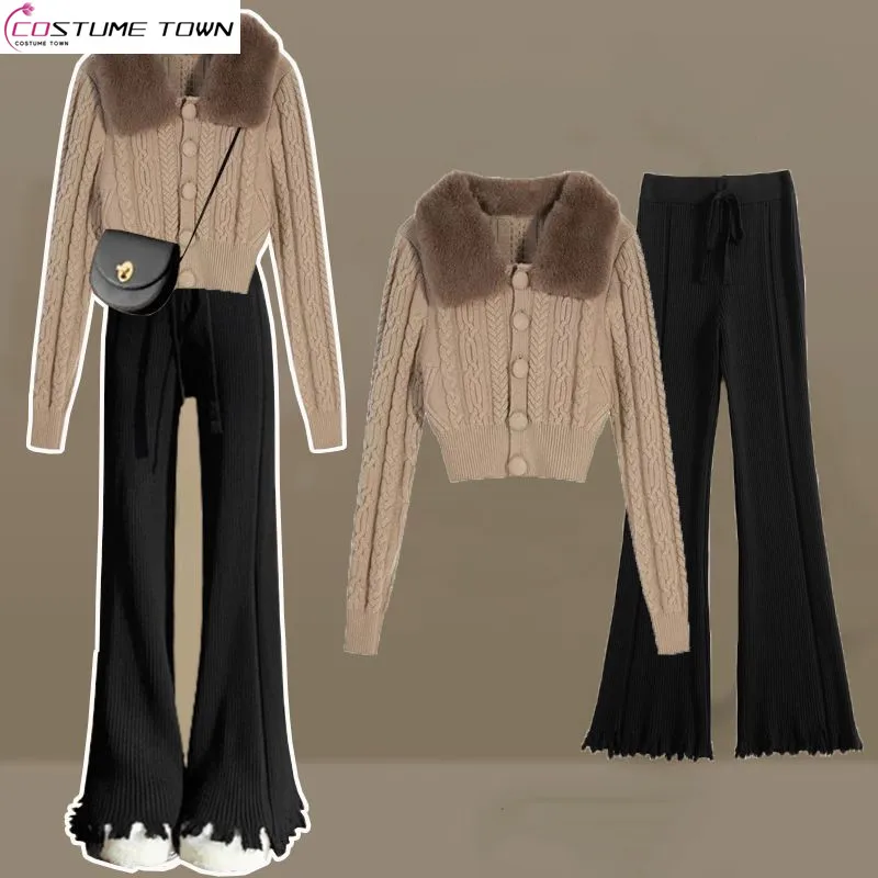 

Winter Set Women's 2023 New Large Women's Fashion Retro Slim Fit Sweater High Waist Flare Pants Two Piece Set Fashion