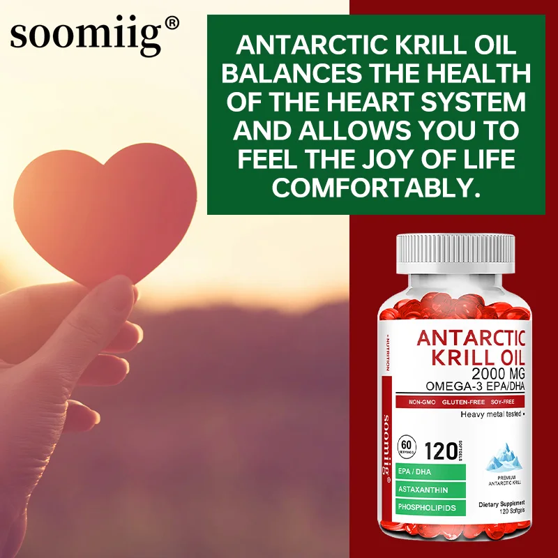 Antarctic Krill Oil 0000 mg + Astaxanthin, Contains Omega-3 EPA, DHA, Supports Heart, Brain Health, Balances Blood Sugar