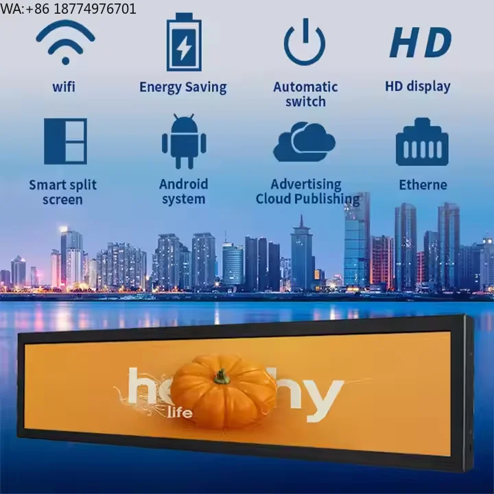 

28,6-дюймовый Android-монитор для цифровых вывесок, яркость 350 кд, разрешение 1080p, вытянутый ЖК-дисплей-бар с функцией отображения текста и изображений
