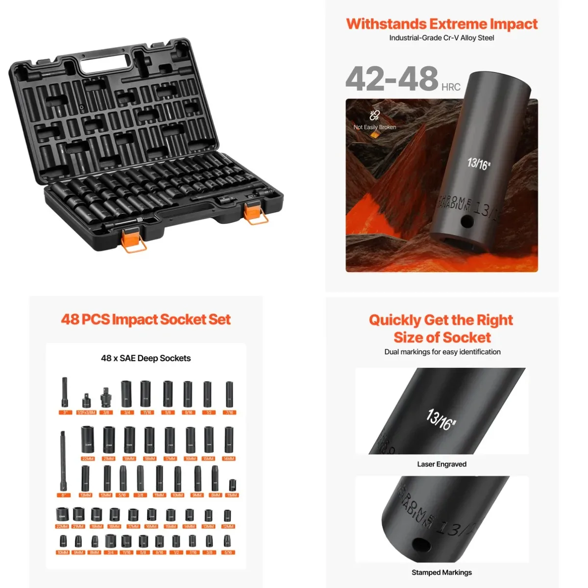 Impact Socket Set, 3/8' Drive, 48-Piece Socket Set, 6-Point Sockets, SAE 5/16'-3/4' and Metric 8-19 mm, 21-22 mm, Easy to Identi