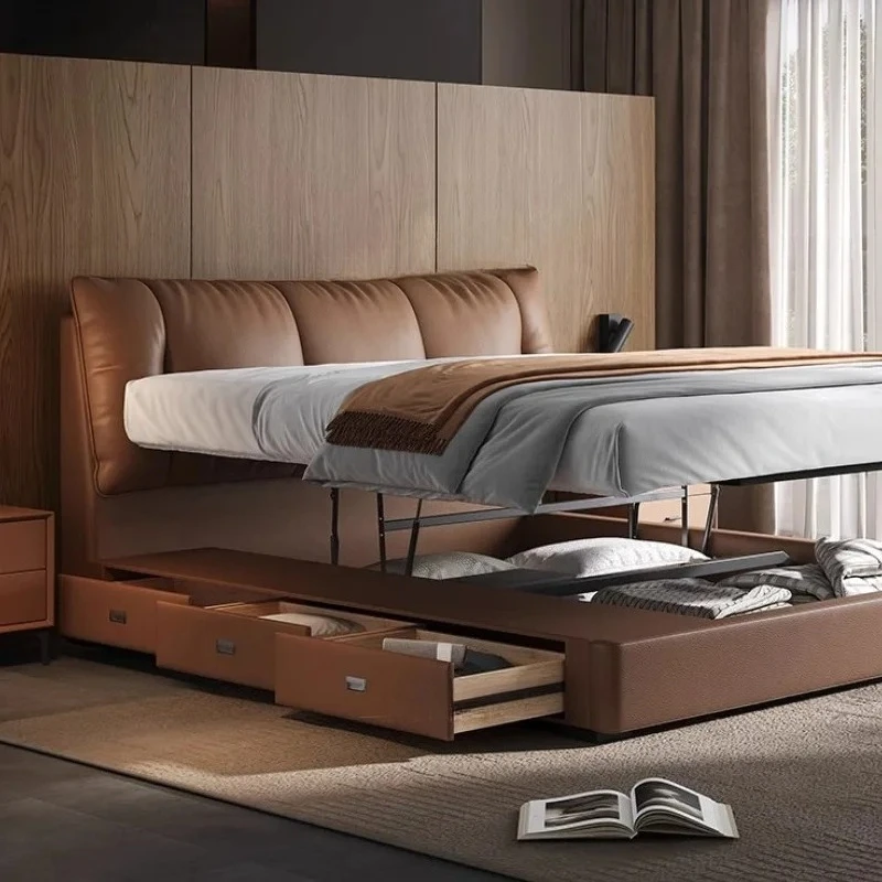 Minimalist Queen Bed with Headboard Modern Luxury Storage Bed Frame