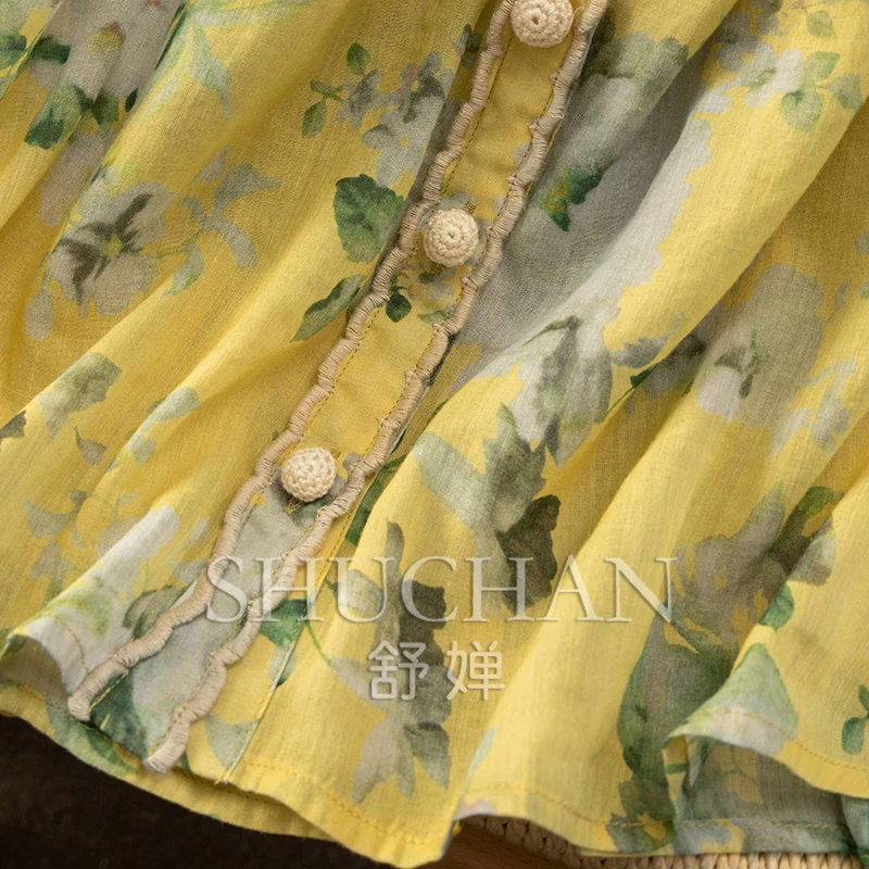 Bright Yellow in Early Autumn, Australian Niche Holiday Style 100 Ramie Stand-up Collar Lantern Sleeve Shirt Women