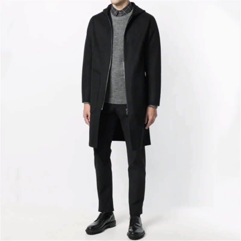 2023 autumn and winter new medium long woolen coat men's woolen coat loose youth thick warm hooded casual jacket