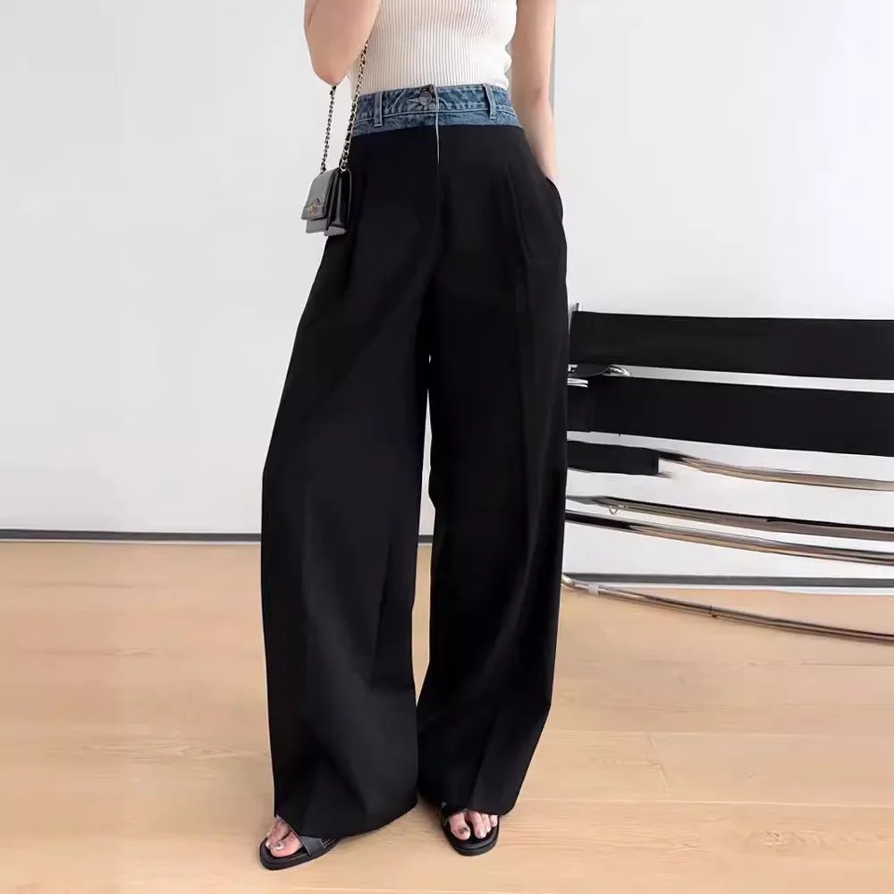 Women's Commuter R0*2024 Wool Wrinkle Resistant Premium Feeling Black Patchwork Western Pants Straight Leg Wide Leg Pants