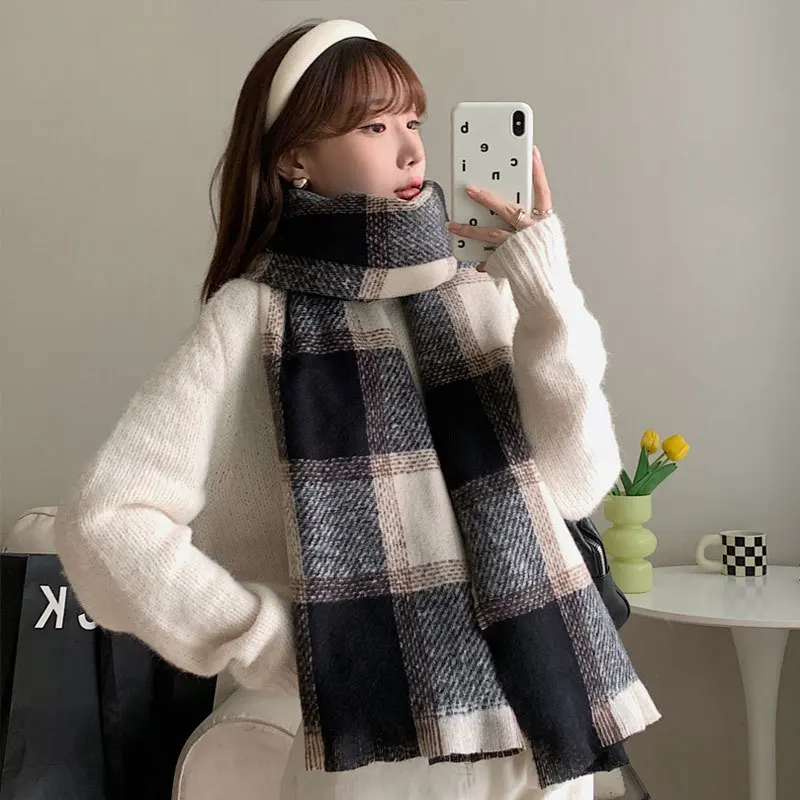 2022Korean Autumn Winter NewStyle Cashmere Plaid Women's Scarf Fashionable Short Beard Scarf Thickened Warmth Wrapped with Shawl