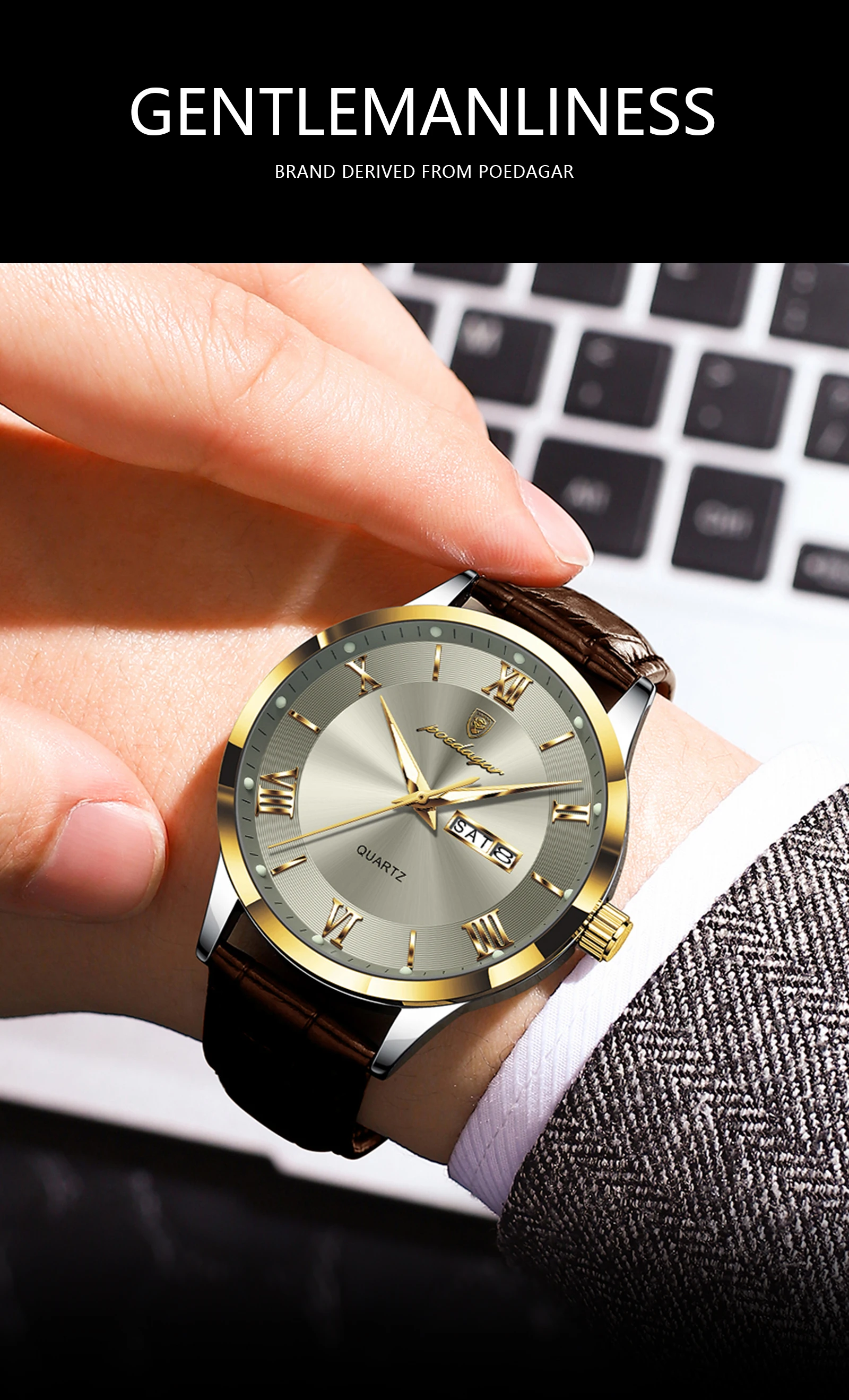 POEDAGAR Original Mode Uhr Für Mann Leder Datum Woche Quarz Männer Uhr Wasserdicht Leucht Business herren Uhren Männlich Reloj – Detail 3