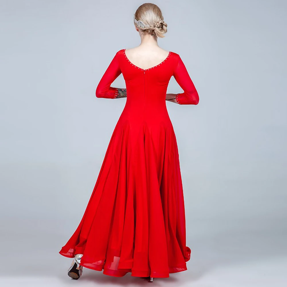 Standard Dance Competition Costume Rhinestone Custom Women's Banquet Dress V-Neck Performance Costume Long Sleeve