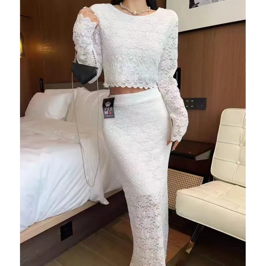  Круглое платье Ne Lace Long Sve ort Top и платье-тройка с высокой талией длиной миди для женщин, осенний комплект Faion