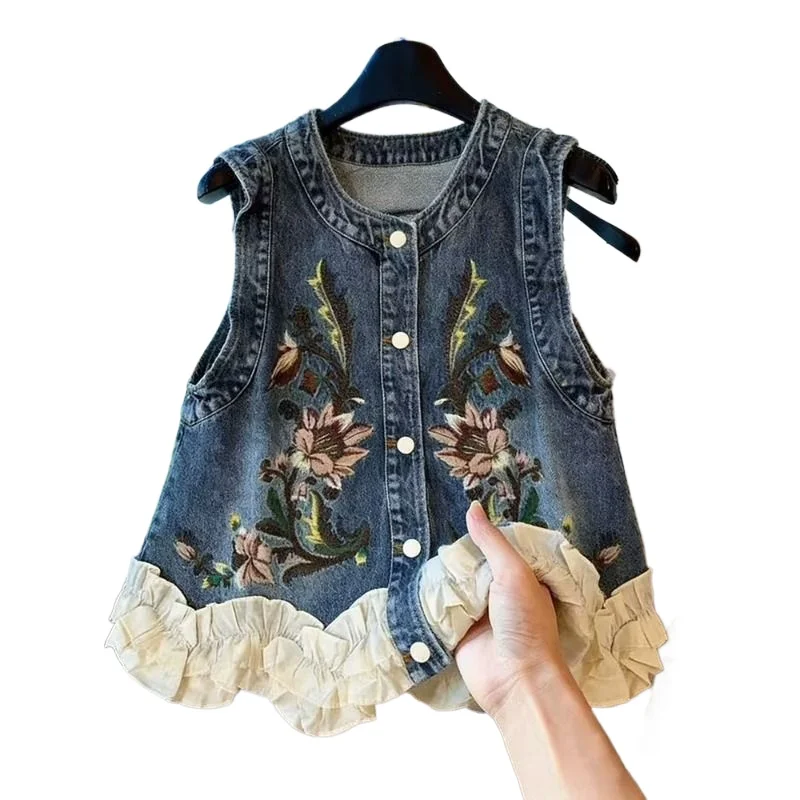French Elegant Vintage Heavy Work Embroidered Denim Vest for Women, Crew Neck Ruffled Edge, Single-breasted Floral Top  Jackets