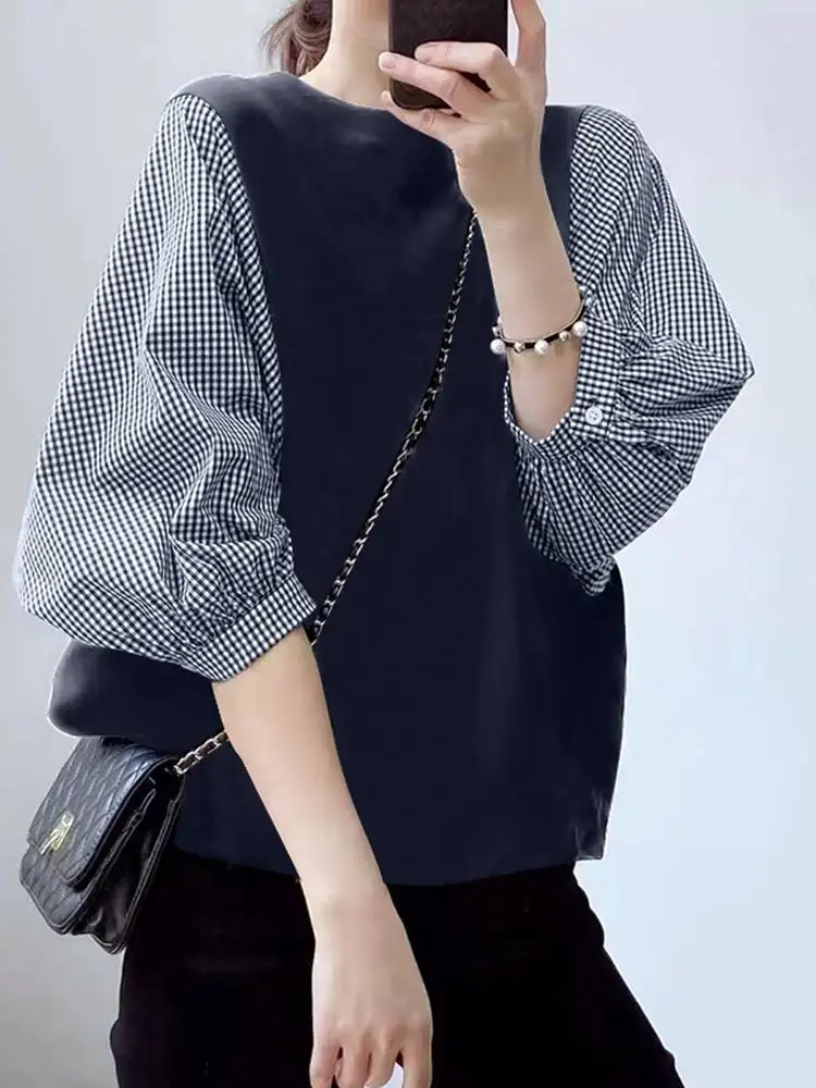 Women Summer Patchwork Blouse ZANZEA 2024 Stylish Check Tops Casual Puff Sleeve Blusas Female O Neck Tunic Oversized Chemise