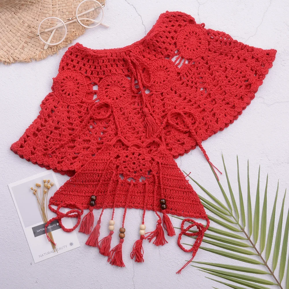 DIY Girls' Middle School Children's Handmade Crochet Beaded Bikini Two Piece Split Beach Swimwear Short Skirt