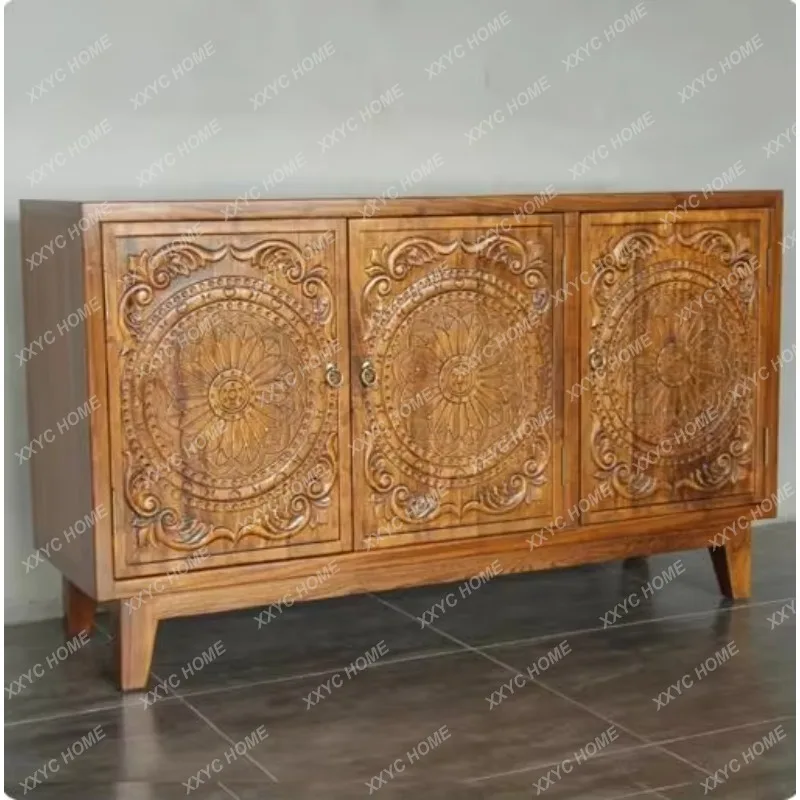 XX Country Solid Wood Carving Flower Living Room Locker  Retro Side Cabinet,