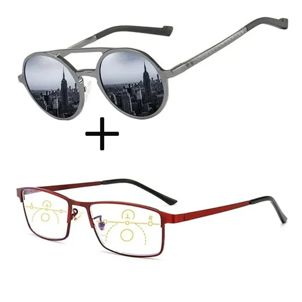 2Pcs!!! Red Metal Progressive Multifocal Reading Glasses Far and Near and Double Bridge Round Sunglasses for Men Women