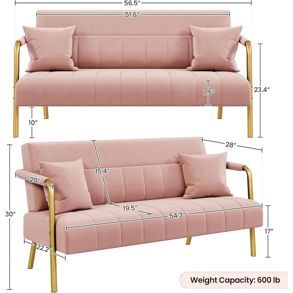 ModernSmall  Luxurious Velvet Fabric Couch with Gold-Tone Metal Arms and Legs for Living Room