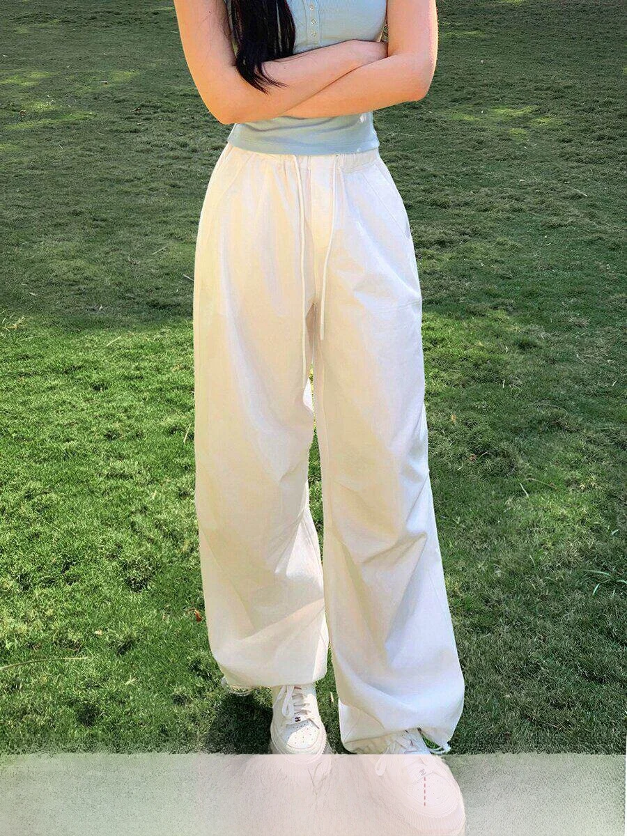 

Rice Cotton Work Trousers American Retro Style Straight Leg Cuffed White Casual Pants for Women Comfortable Breathable Spring