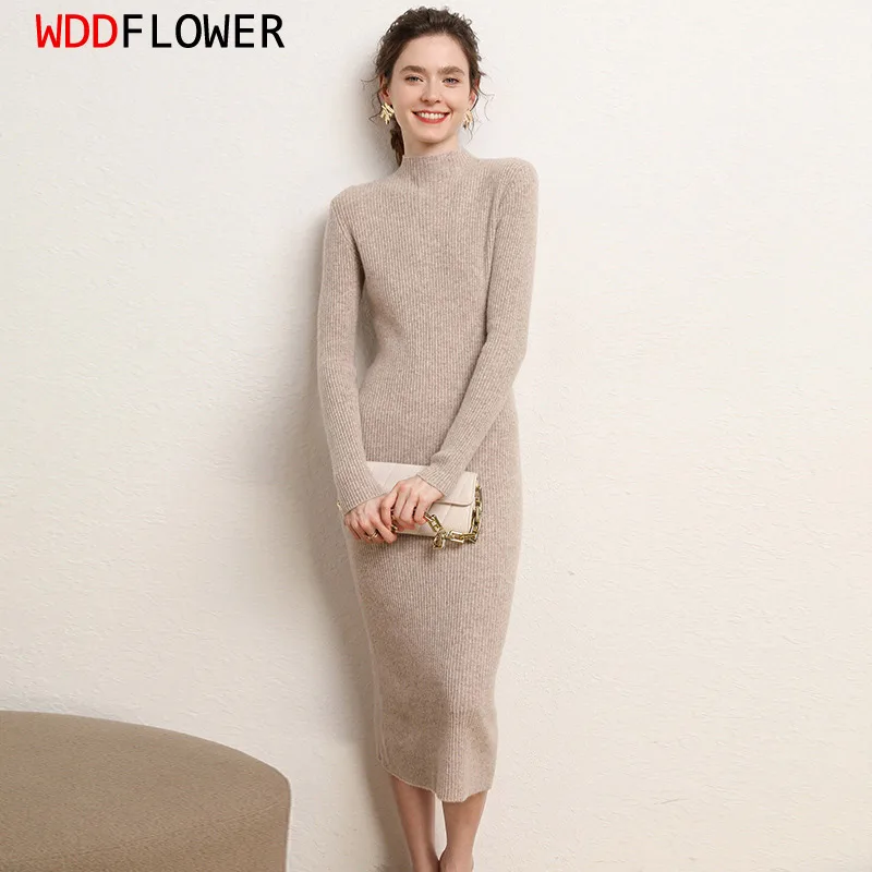 Women Sweater Midi Dress 100% Wool A Line Knitted Dress Long sleeve Mock Neck Pullovers Warm Winter ZJ007