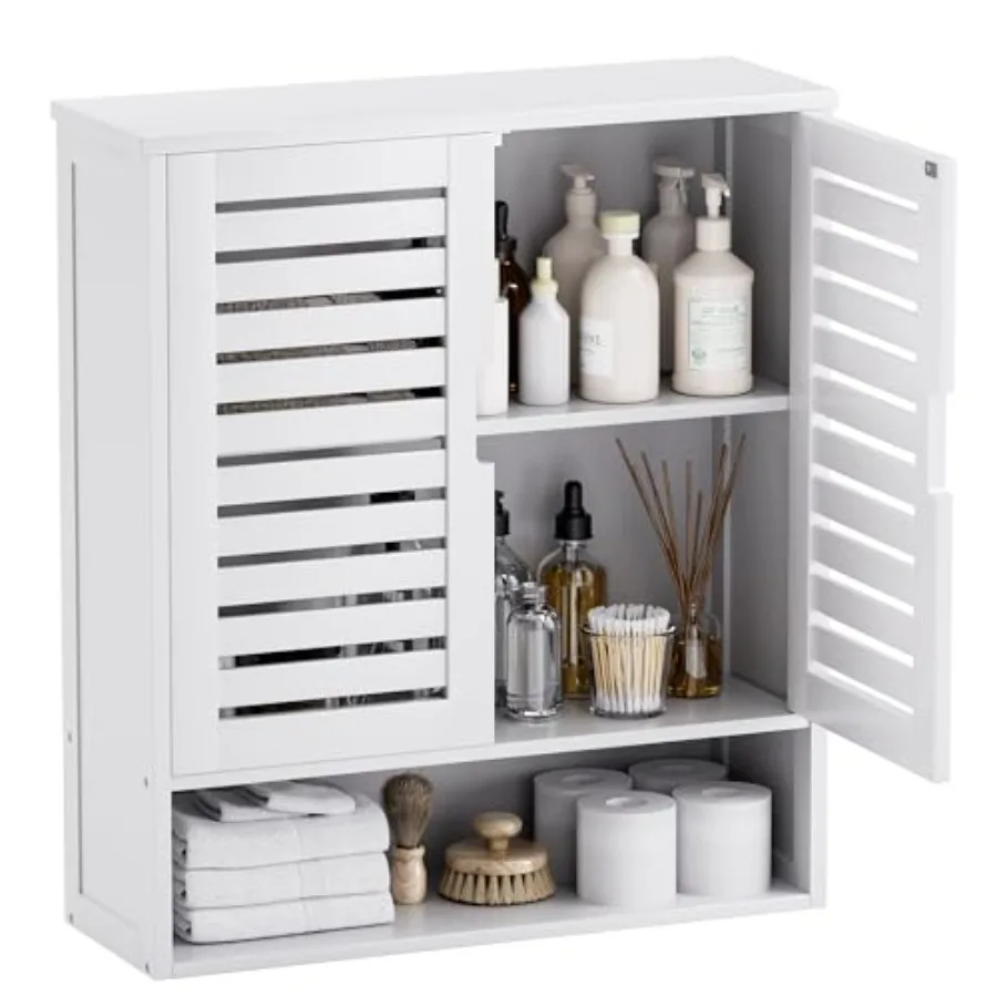

Wall Mounted Bamboo Over-The-Toilet Bathroom Cabinet with 2 Doors and Adjustable Shelves for Space Saving Storage in White