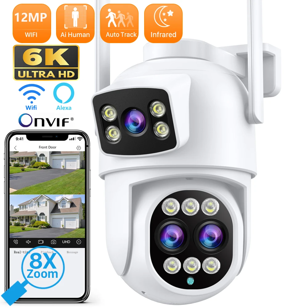 6K 12MP WIFI IP Camera Three Lens 8X Zoom Outdoor PTZ Camera 8MP HD AI Auto Tracking Security Camera P2P CCTV Surveillance iCSee