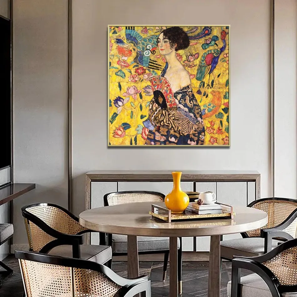 

Hand painted museum quality reproduction of Lady With Fan by Gustav Klimt Custom Portrait oil painting on canvas free shipping