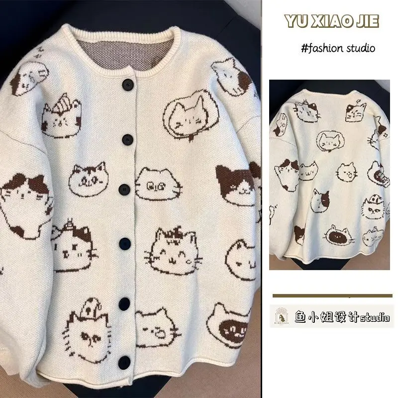 

Korean style fun cartoon kitten jacquard round neck cardigan sweater for female students winter soft waxy knitted jacket y2k top