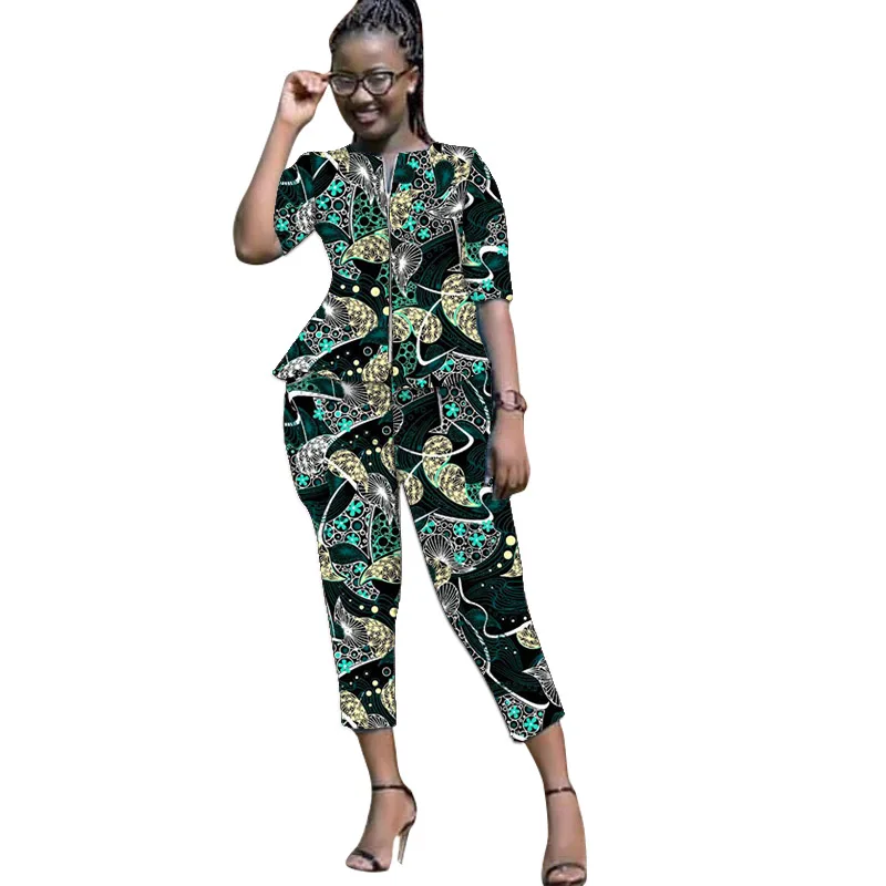 Women Zipper Shirt Patch Cropped Trouser Nigerian Fashion Half Sleeve Tops With Pants Ankara Outfits African Wedding Wear