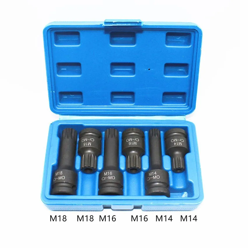 

6Pcs 1/2 Inch Impact Spline Socket Bit Set Pneumatic Electric Wrench Socket Cr-Mo Auto Repair Tool M14 M16 M18