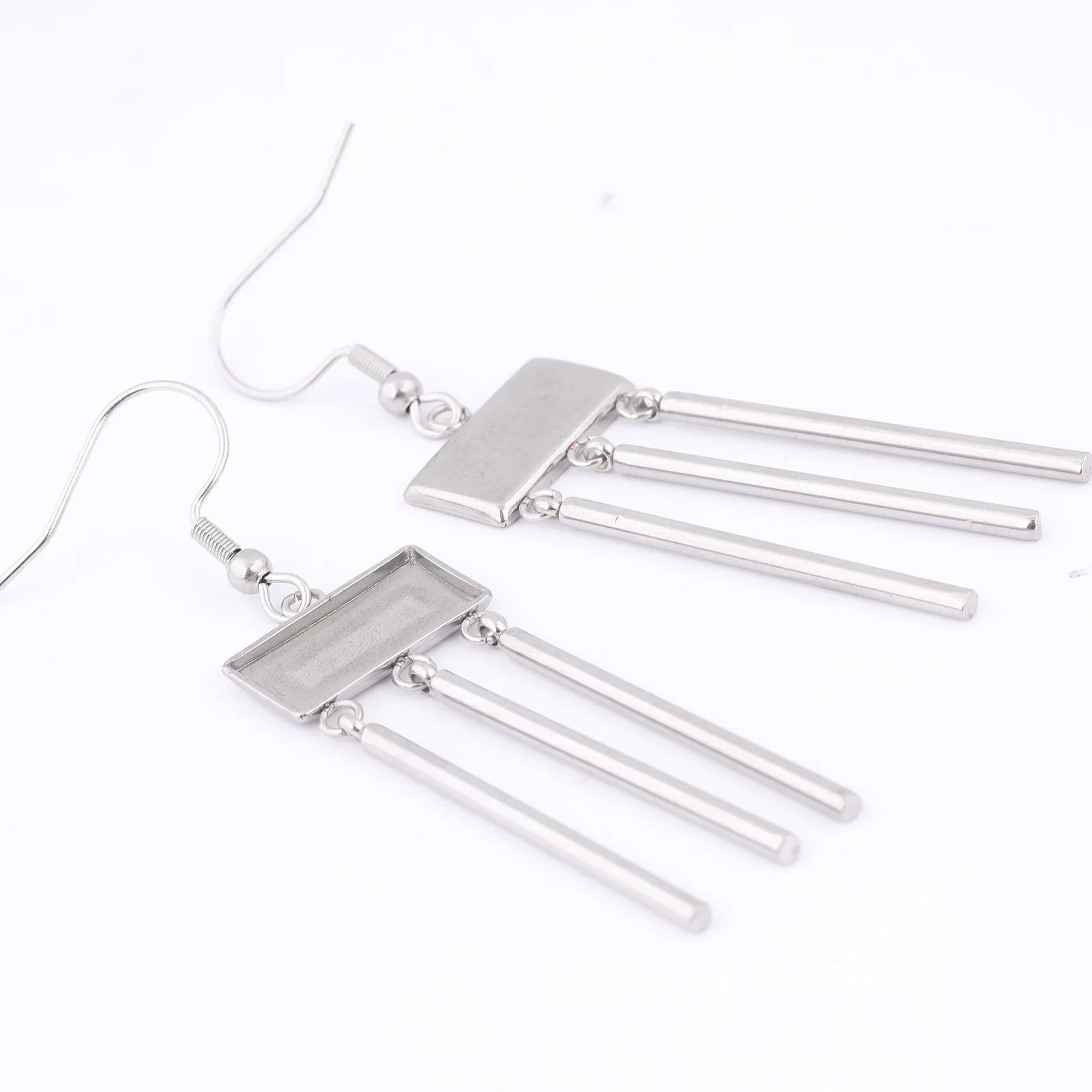 6pcs Stainless Steel Fit 7x14.5mm Rectangle Cabochon Earring Base Setting Blanks With Drop Charms Diy Hooks Findings view 4