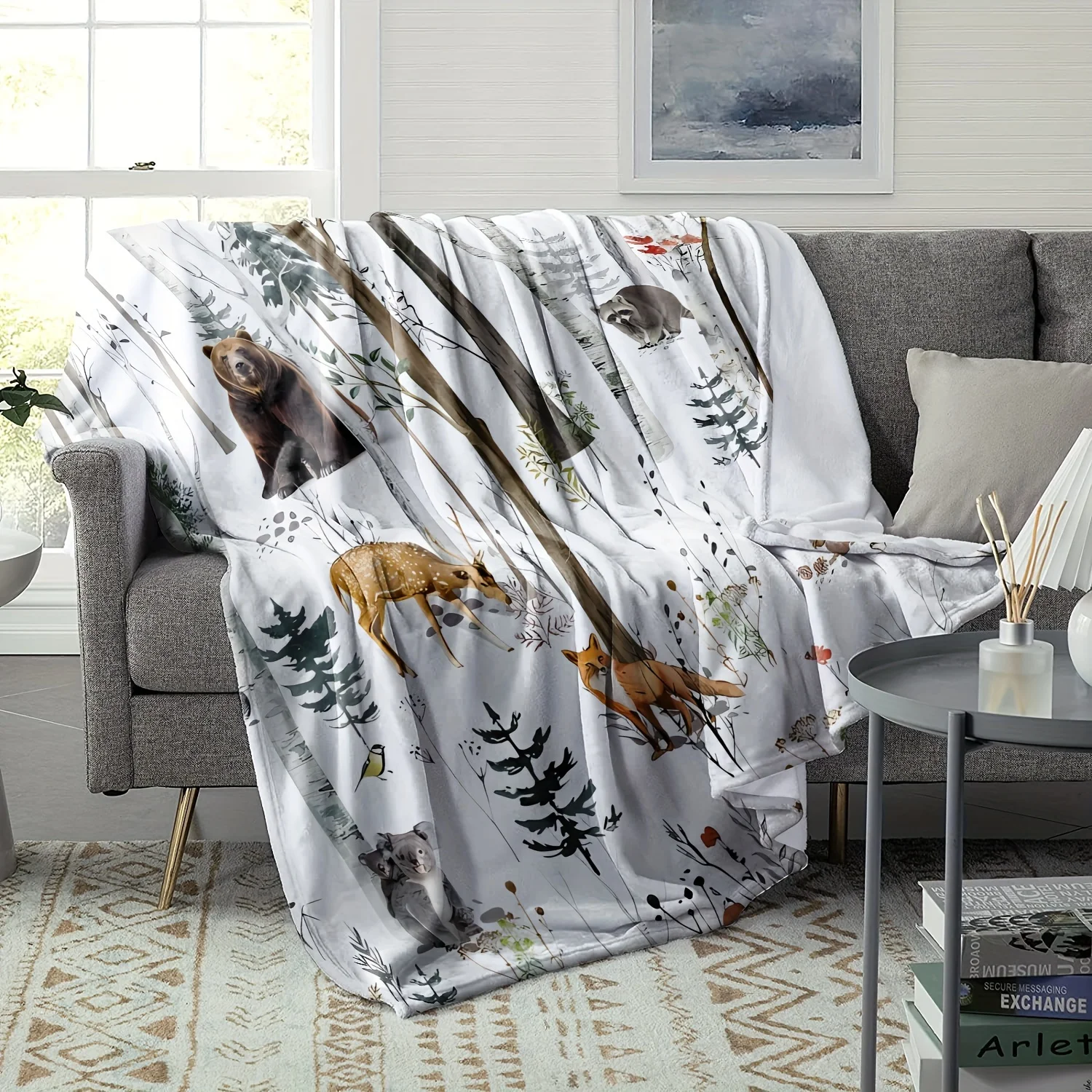 1pc Rustic Forest Bear Moose‑Print Throw Blanket, Sofa & Bed Decor, Halloween Christmas Holiday Gift