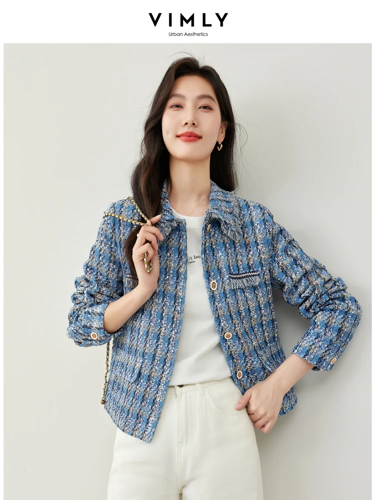 

2024 Elegant Cropped Tweed Jackets for Women 2024 Spring Short Wool Blend Coats Plaid Tassel Lapel Flap Female Outerwear V5252