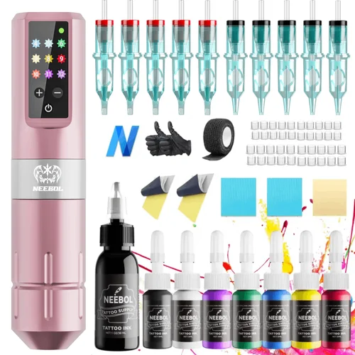 Kit de pluma de tatuaje rotativa de 8000 RPM: fuente de alimentación inalámbrica de 1600 mAh, juego completo para principiantes con tintas de tatuaje, práctica de piel y agujas