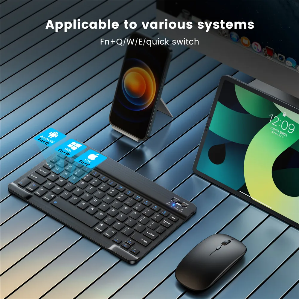 Teclado e Mouse Bluetooth Sem Fio, Mini Teclado, Espanhol e Russo, Telefone iPad, Tablet Samsung, Pro 11 Air, 2020