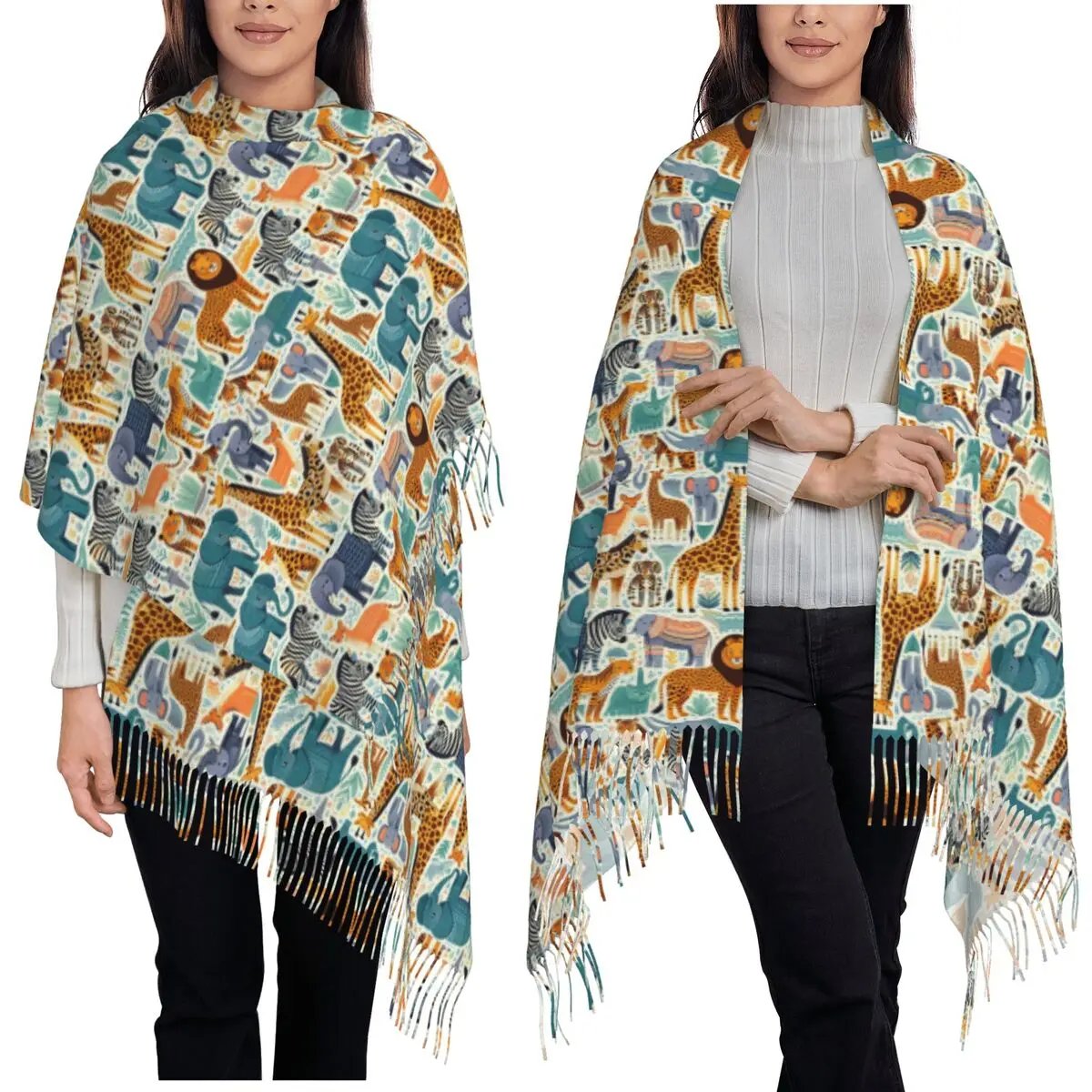 Cartoon Zoo Animals Wild Safari Friends Pattern Scarf Tassel Scarves for Women Soft Warm Shawls and Large Fall Winter Shawl Wrap