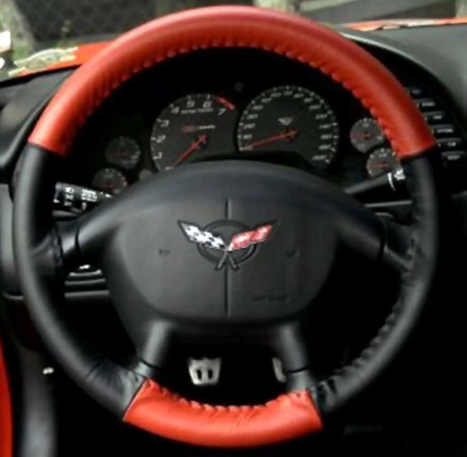 

Red And Black Two-Tone Genuine Leather Steering Wheel Cover Euro Design For C5 Z06 1997–2004