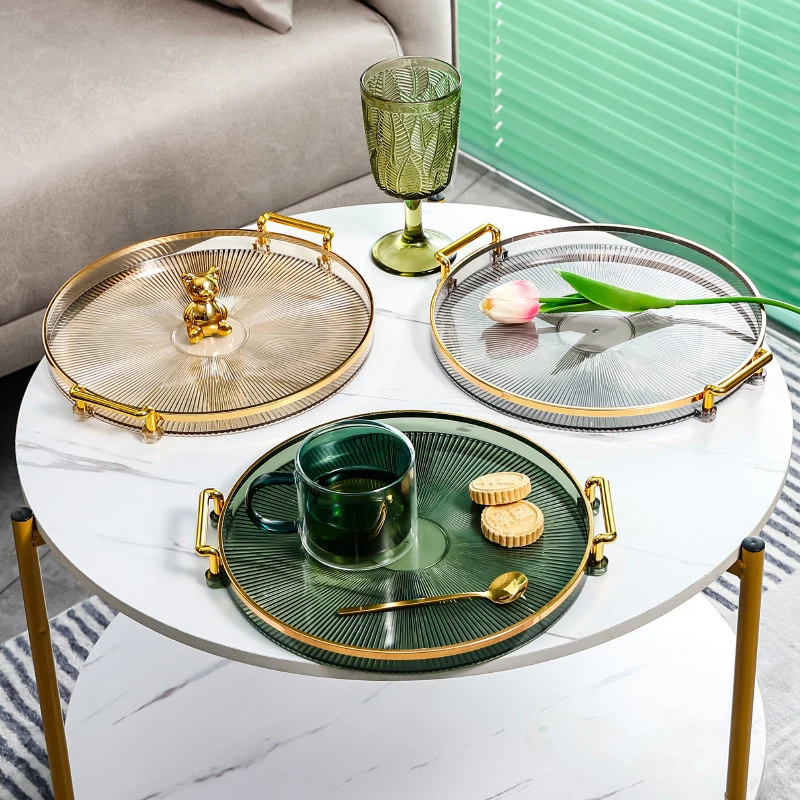 

New Multipurpose Round Storage Tray Gold with Handles Tea Cup Storage Plate Fruit Tray Coffee dropshipping