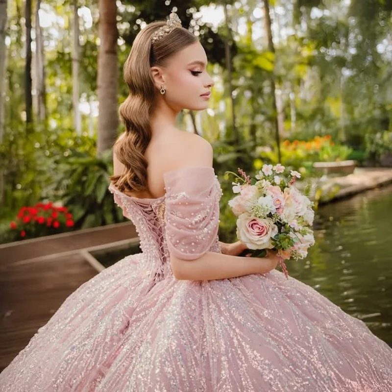 Vestido quinceanera rosa brilhante, renda tull, glitter, decalque, cauda longa, vestidos de 15 quinceanera ﻿ Personalizado