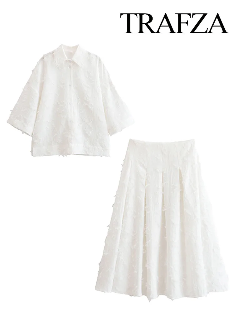 

TRAFZA Women Skirt Sets White Turn-Down Collar Single-Breasted Shirts+High Waist Zipper A-Line Skirts Female Holiday Style Suit