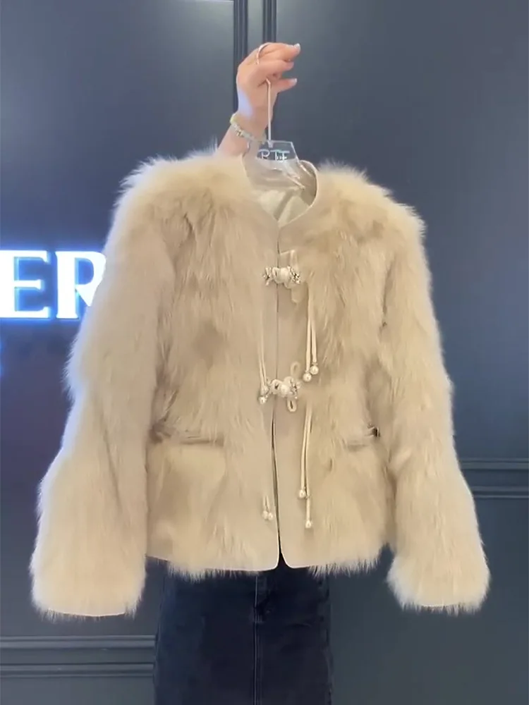 

Faux Fur Khaki Coats Womens Modest Oversized Event Ladies Clean Lined Niche Split Extended Pure Medium-Length Elegant Thermal OL