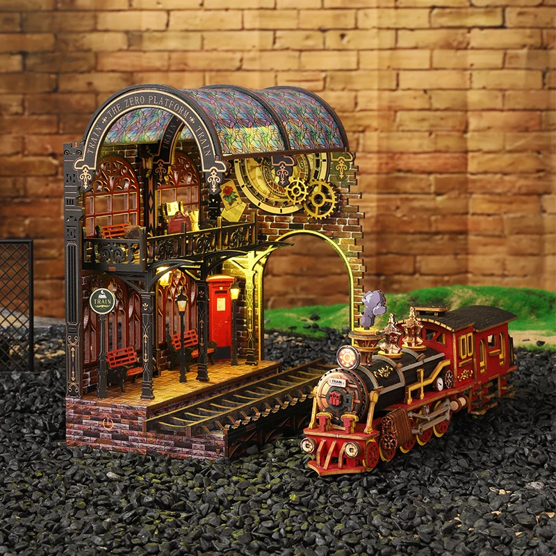 Kit modello in miniatura in legno per angolo libro fai-da-te La piattaforma zero Treno magico Fermalibri Scaffale puzzle 3D per regali di compleanno di amici