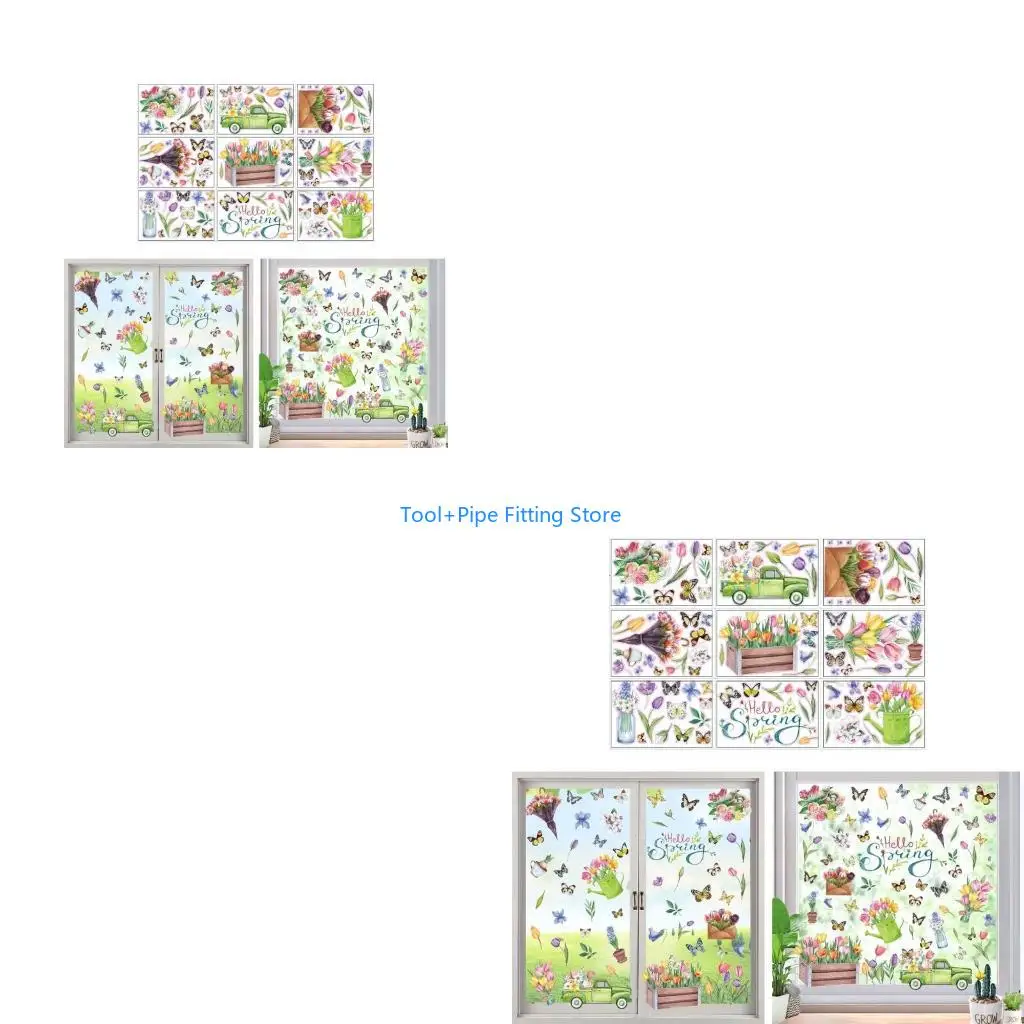 F92B 9 Sheets Reusable Spring Window Decal Tulips and Butterfly Pattern PVC Sticker