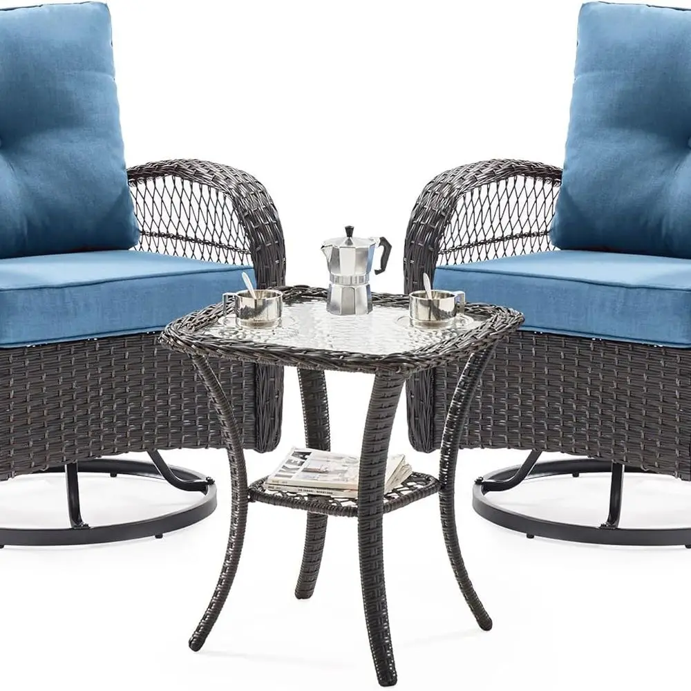 

Набор синей плетеной мебели для патио из 3 предметов с вращающимся стулом и журнальным столиком для помещений на открытом воздухе